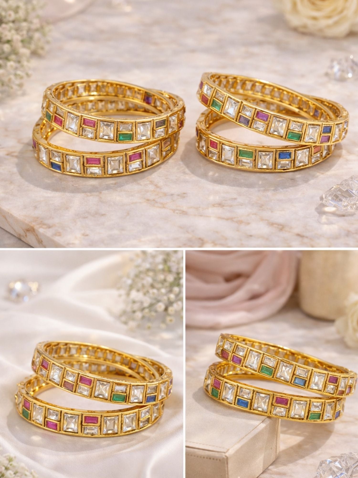 Abdesigns Traditional Gold Plated Silm Square Polki Bangles