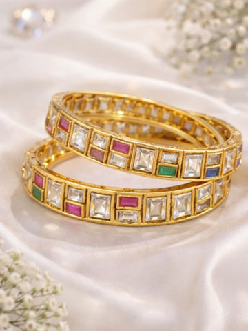 Abdesigns Traditional Gold Plated Silm Square Polki Bangles