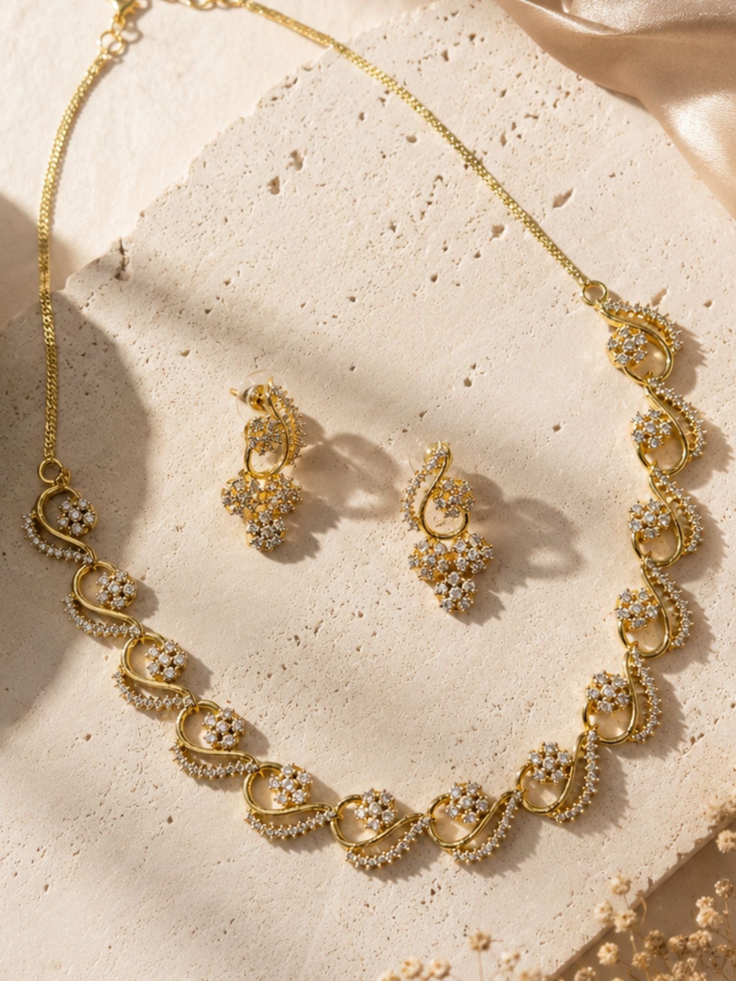 Floral American Diamond Necklace Set with Earrings – Gold, Rose Gold & Silver Plated | Abdesigns