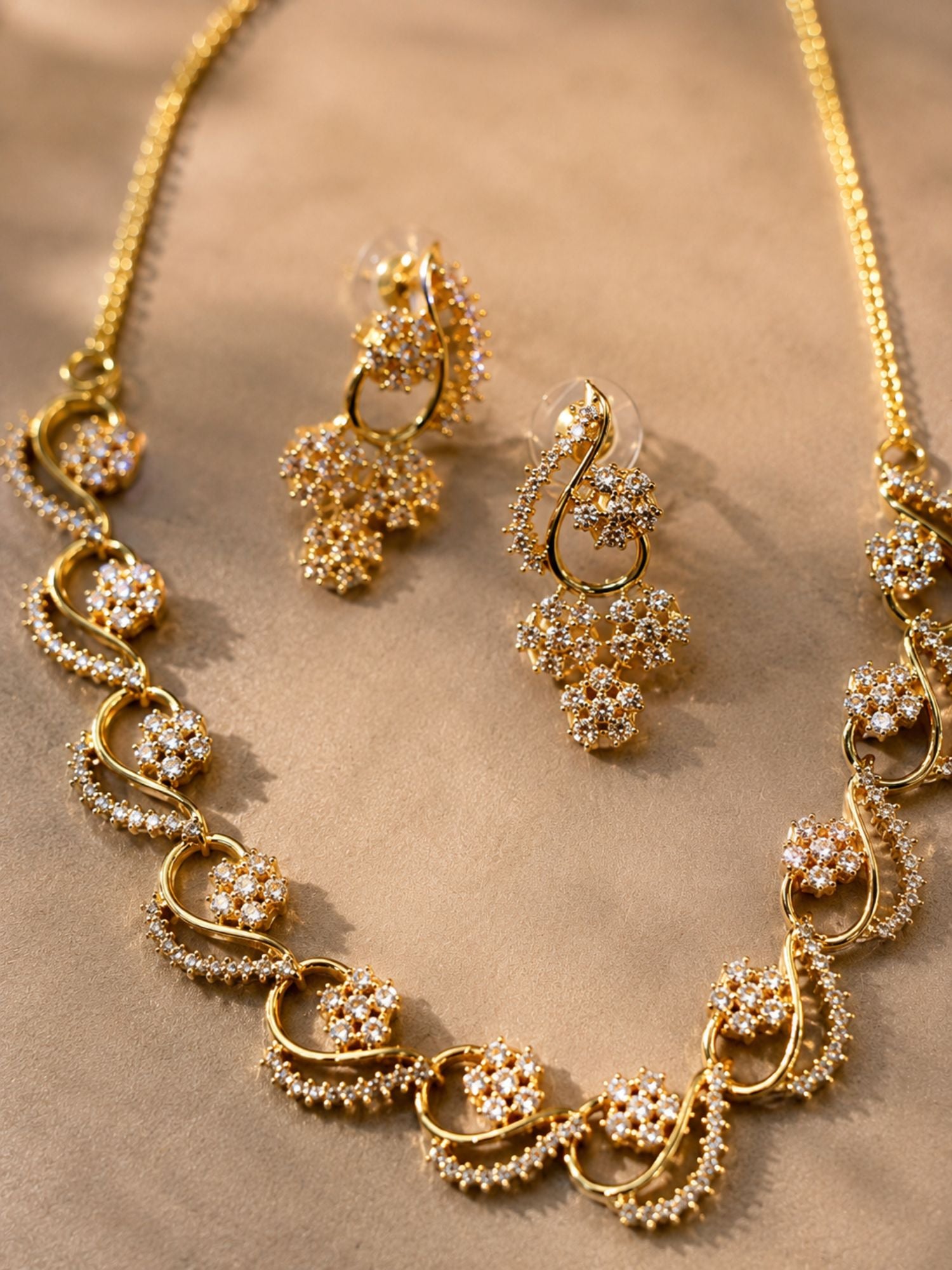 Floral American Diamond Necklace Set with Earrings – Gold, Rose Gold & Silver Plated | Abdesigns