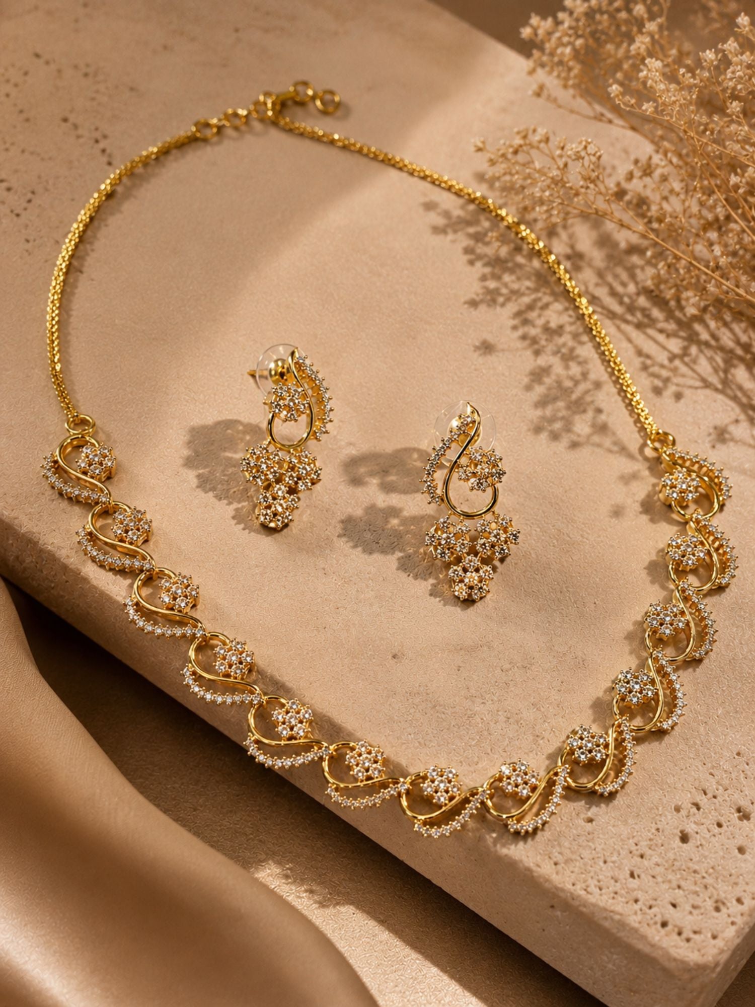 Floral American Diamond Necklace Set with Earrings – Gold, Rose Gold & Silver Plated | Abdesigns