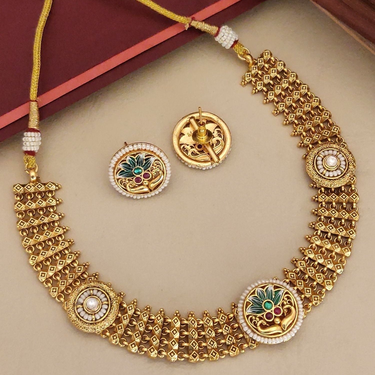 Antique Matt Gold Meenakari Choker Necklace Set
