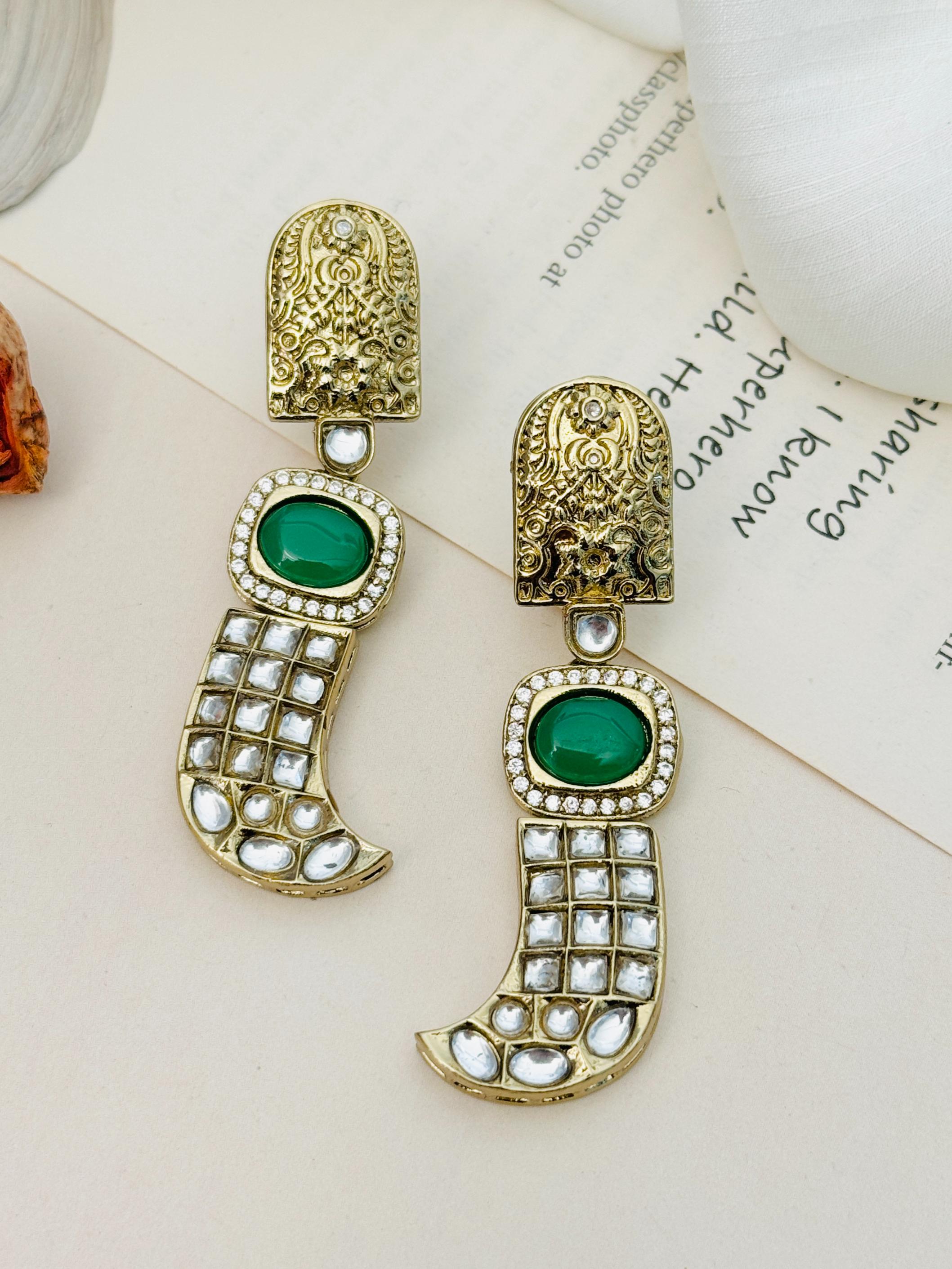 Green Stone Statement Earrings – Designer Festive Glam | Abdesigns