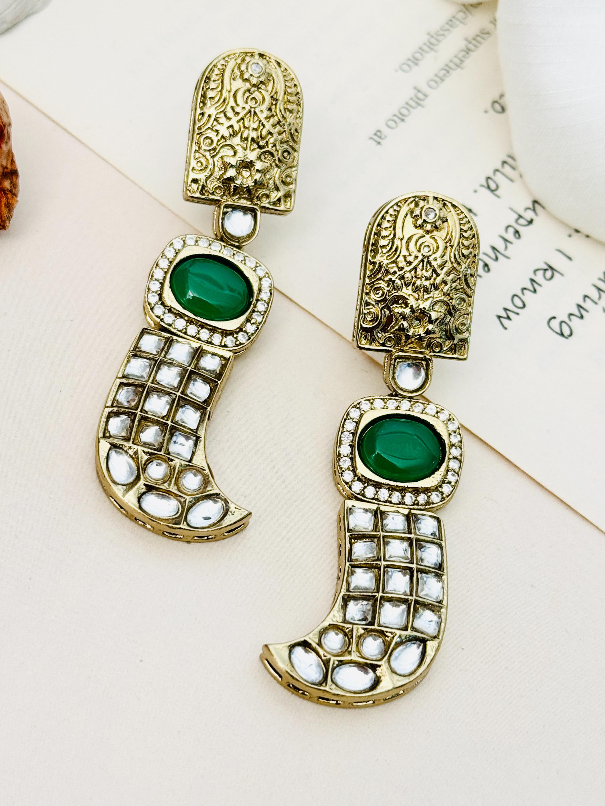 Green Stone Statement Earrings – Designer Festive Glam | Abdesigns