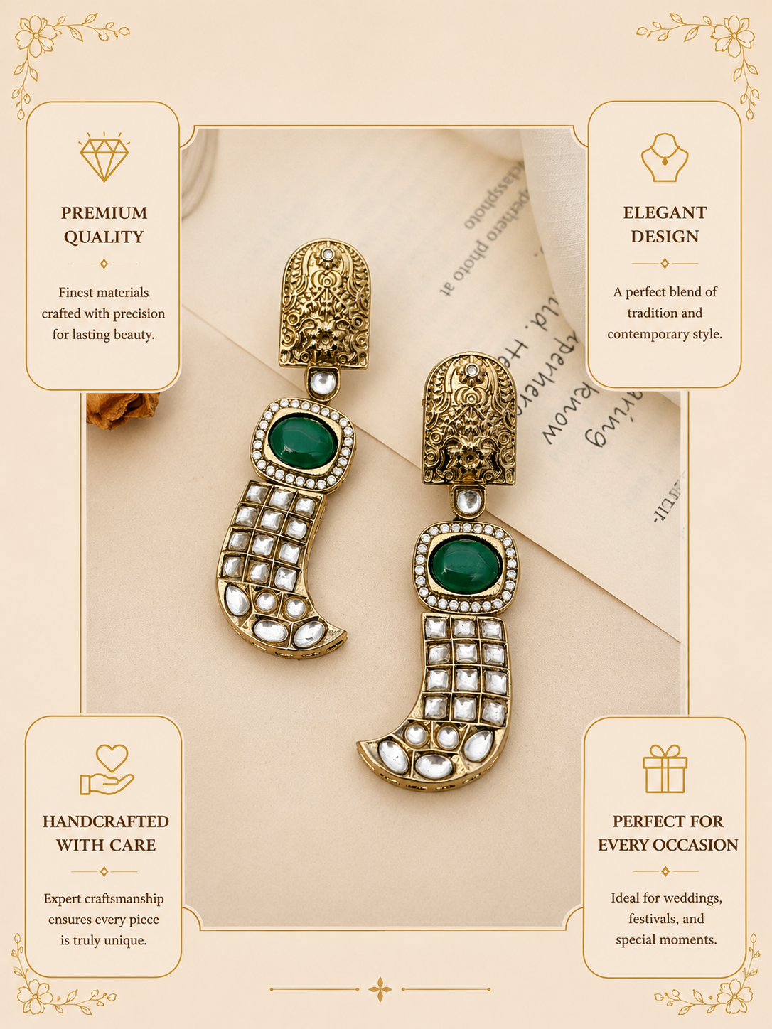 Green Stone Statement Earrings – Designer Festive Glam | Abdesigns
