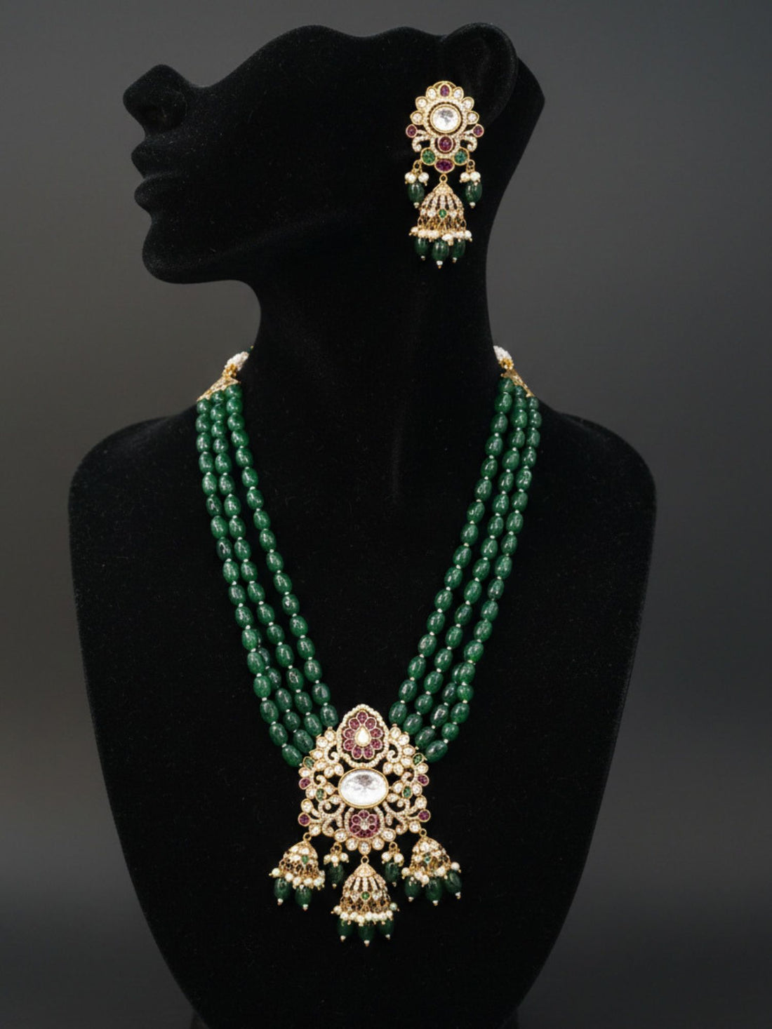 Traditional Emerald Green Beads Polki Necklace Set with Earrings