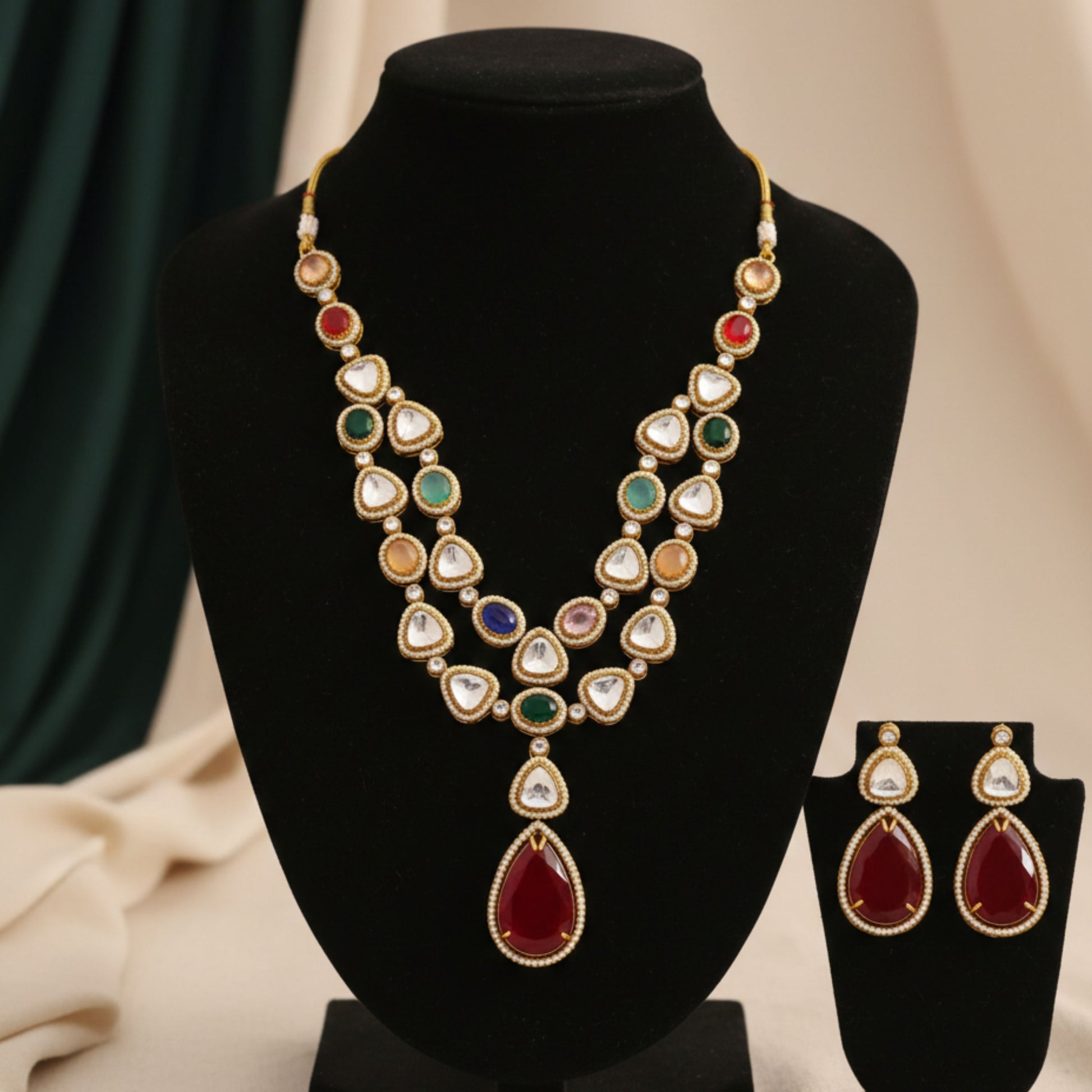 Gold Plated Multicolour Jaipuri Stone Polki Necklace Set - necklace by Abdesigns Jewellery