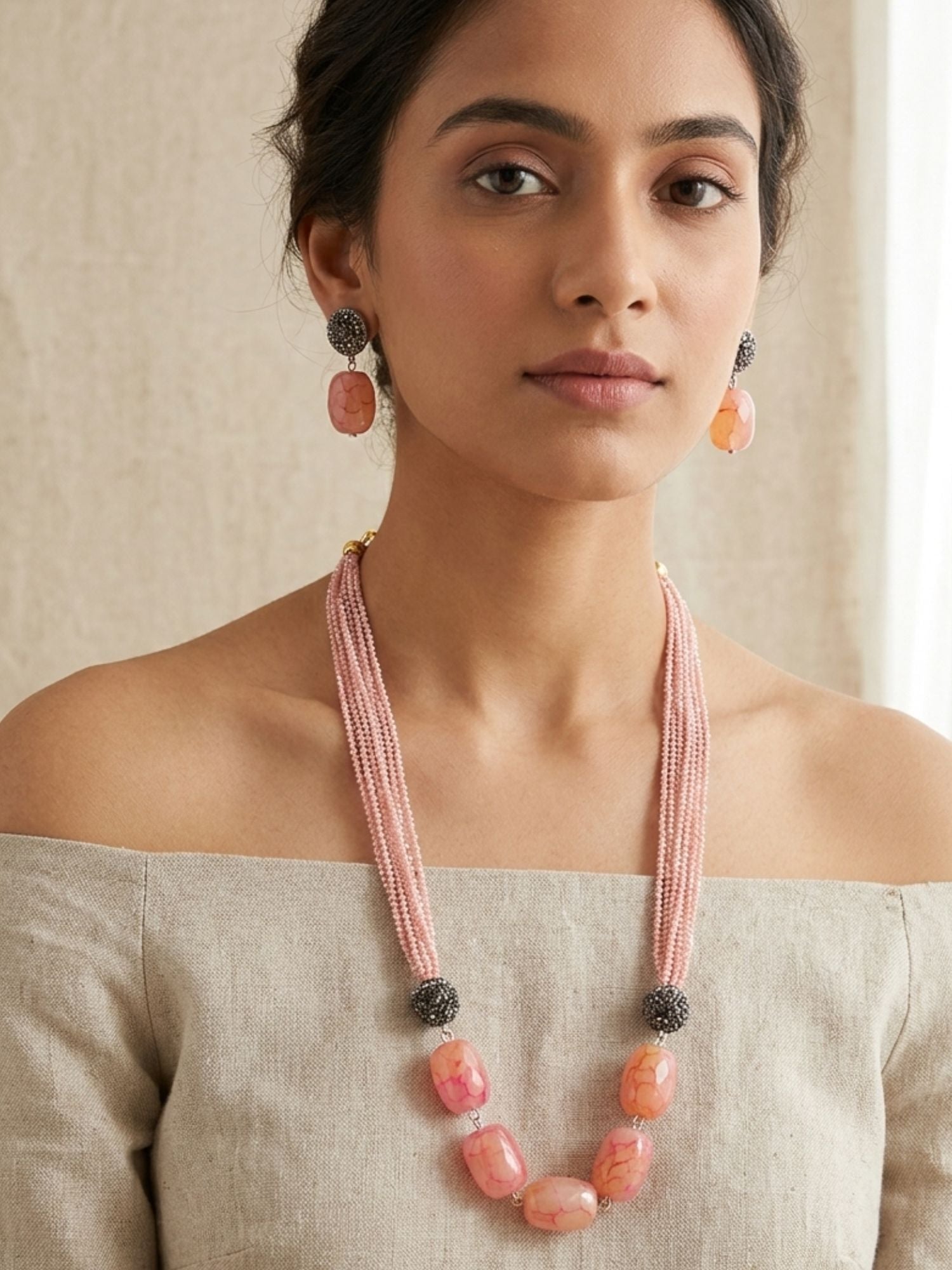 Peach Beaded Mala Set – Elegant Festive Styling | Abdesigns