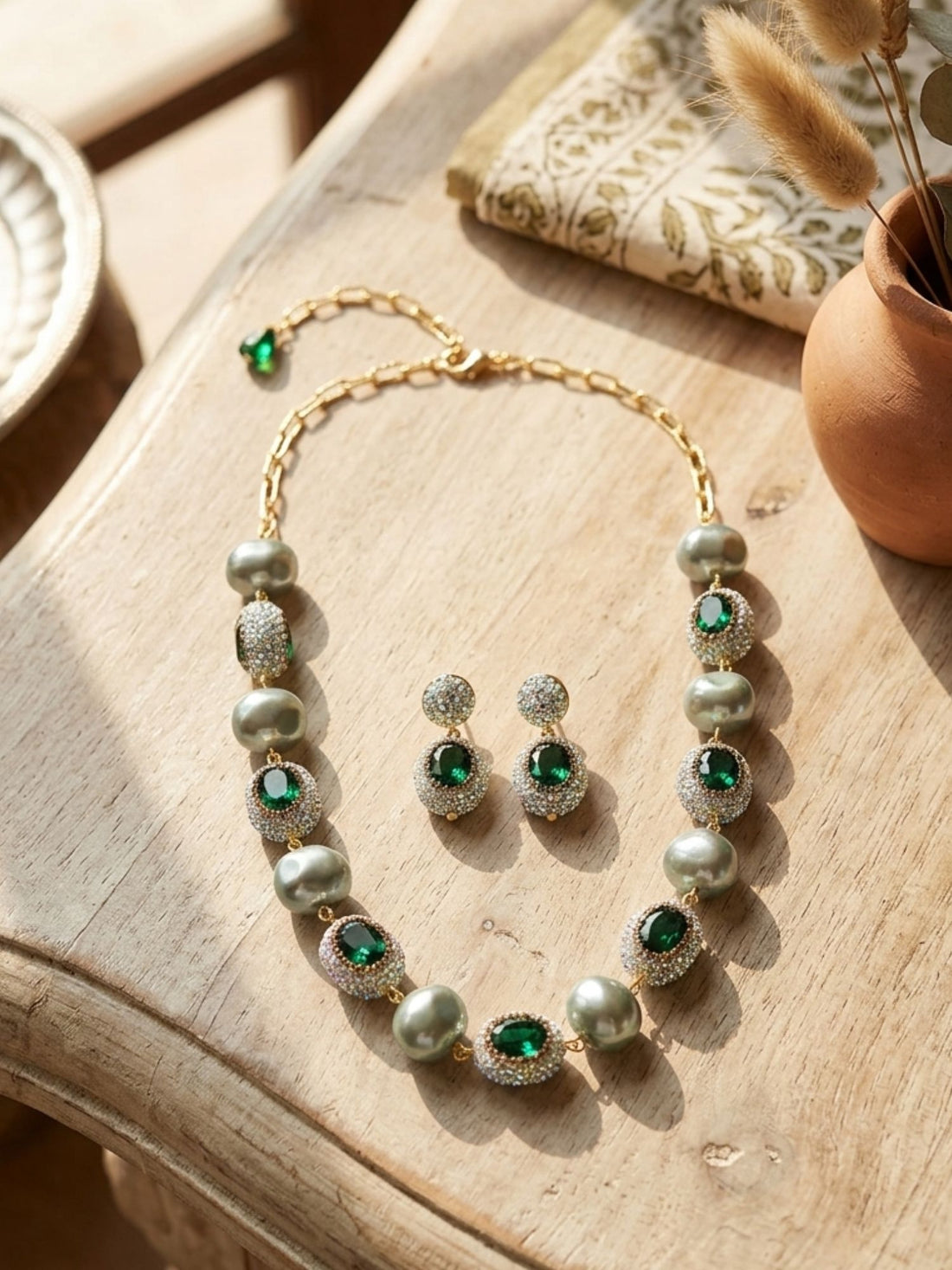 Emerald Green Pearl Mala Set – Festive Royal Elegance | Abdesigns