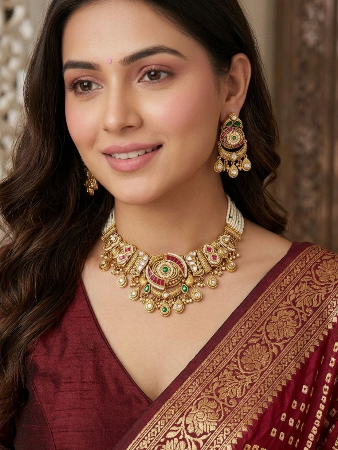 Woman wearing Abdesigns gold wedding choker necklace set styled for bridal and traditional Indian look