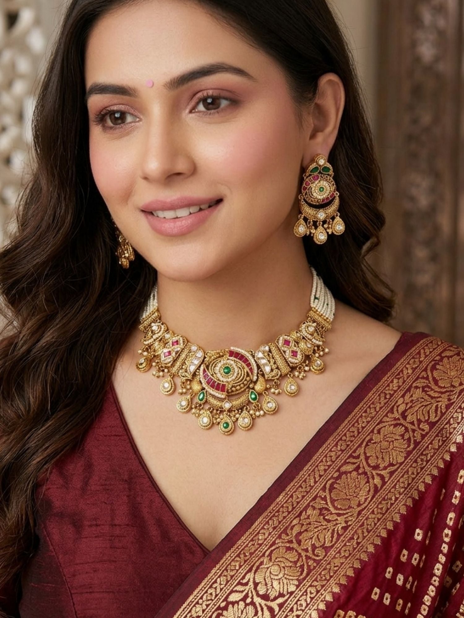 Woman wearing Abdesigns gold wedding choker necklace set styled for bridal and traditional Indian look