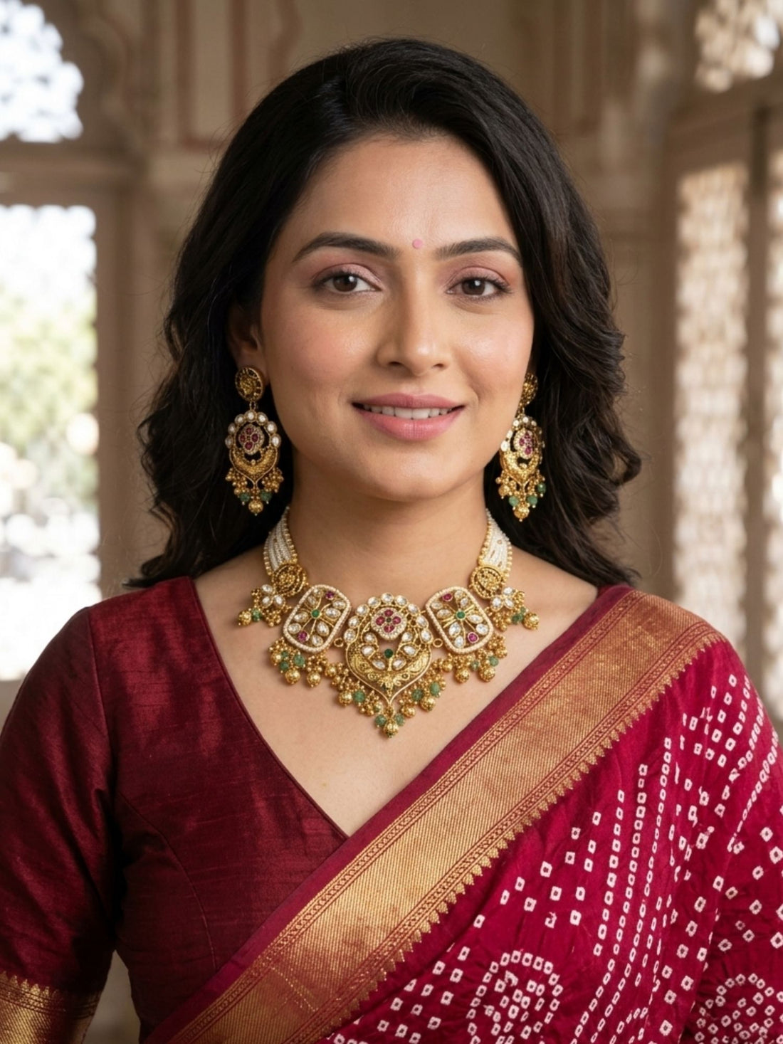Woman wearing Abdesigns gold floral pattern choker necklace set styled with elegant traditional Indian outfit