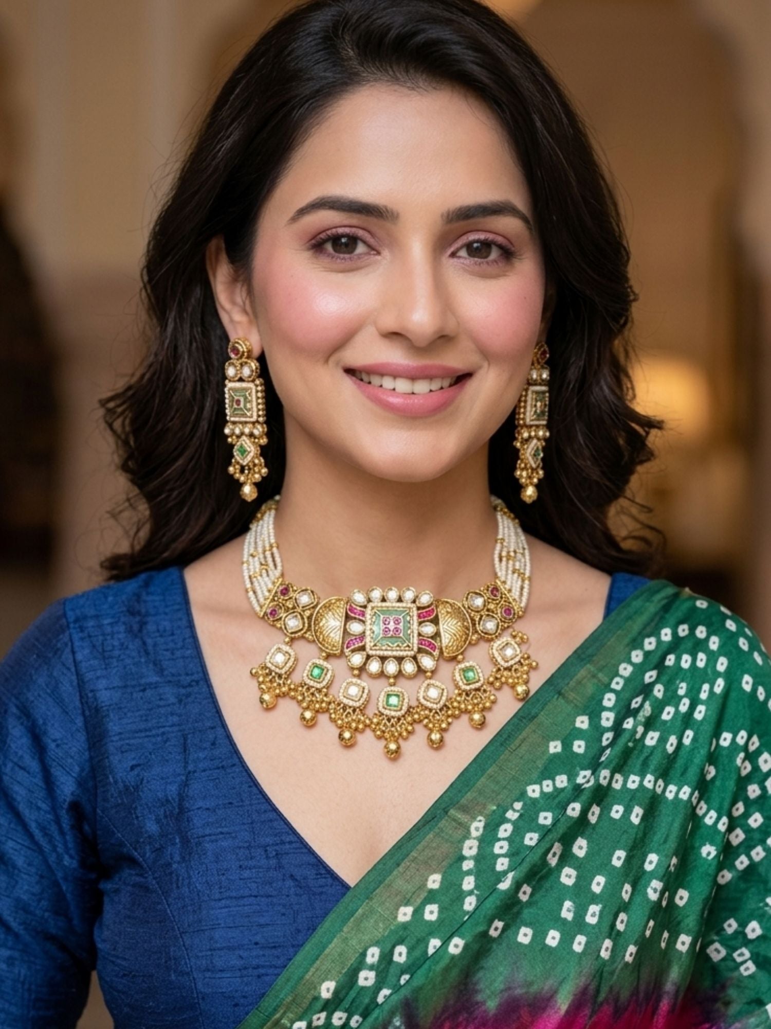 Woman wearing Abdesigns royal gold choker necklace set styled for bridal and traditional Indian look