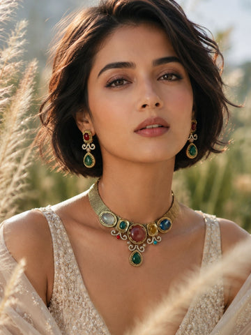 Victorian gold plated multicolour stone necklace set with matching earrings - Abdesigns Jewellery