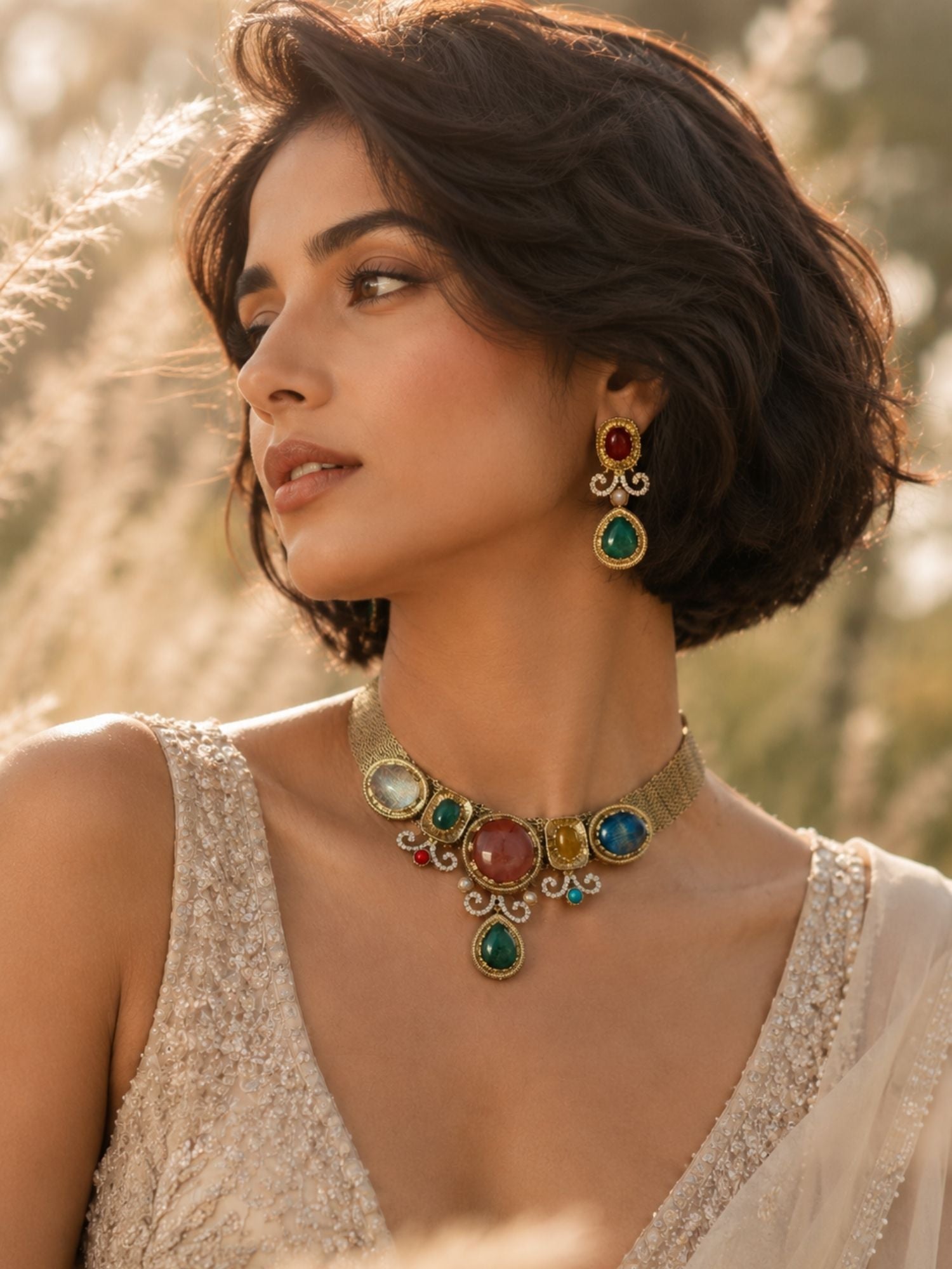 Multicolour stone Victorian necklace set for wedding and festive wear - view 3