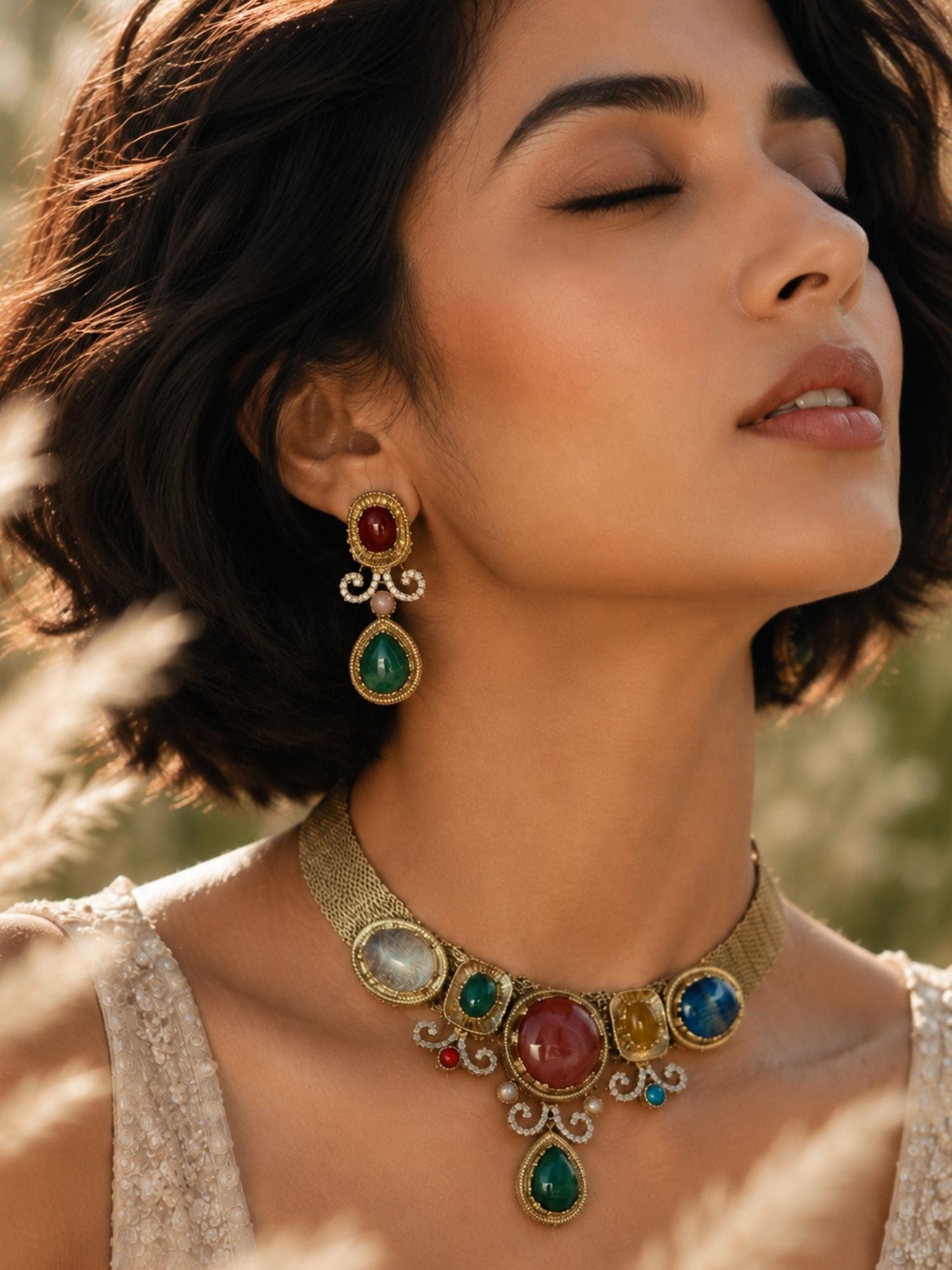 Victorian multicolour stone necklace set for women, gold plated - view 6