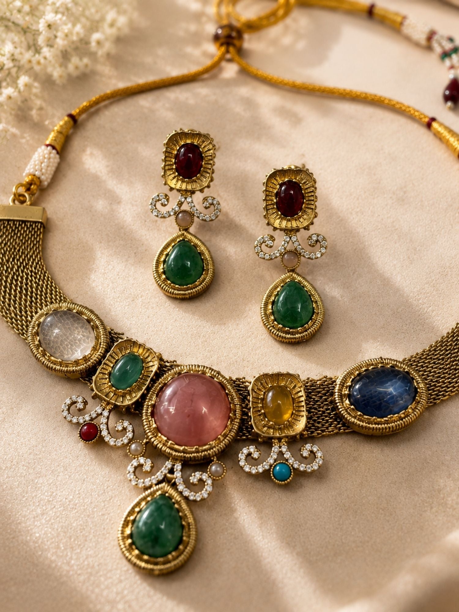 Victorian gold plated multicolour necklace set with earrings, SKU GPNC06PKJ99 - view 7