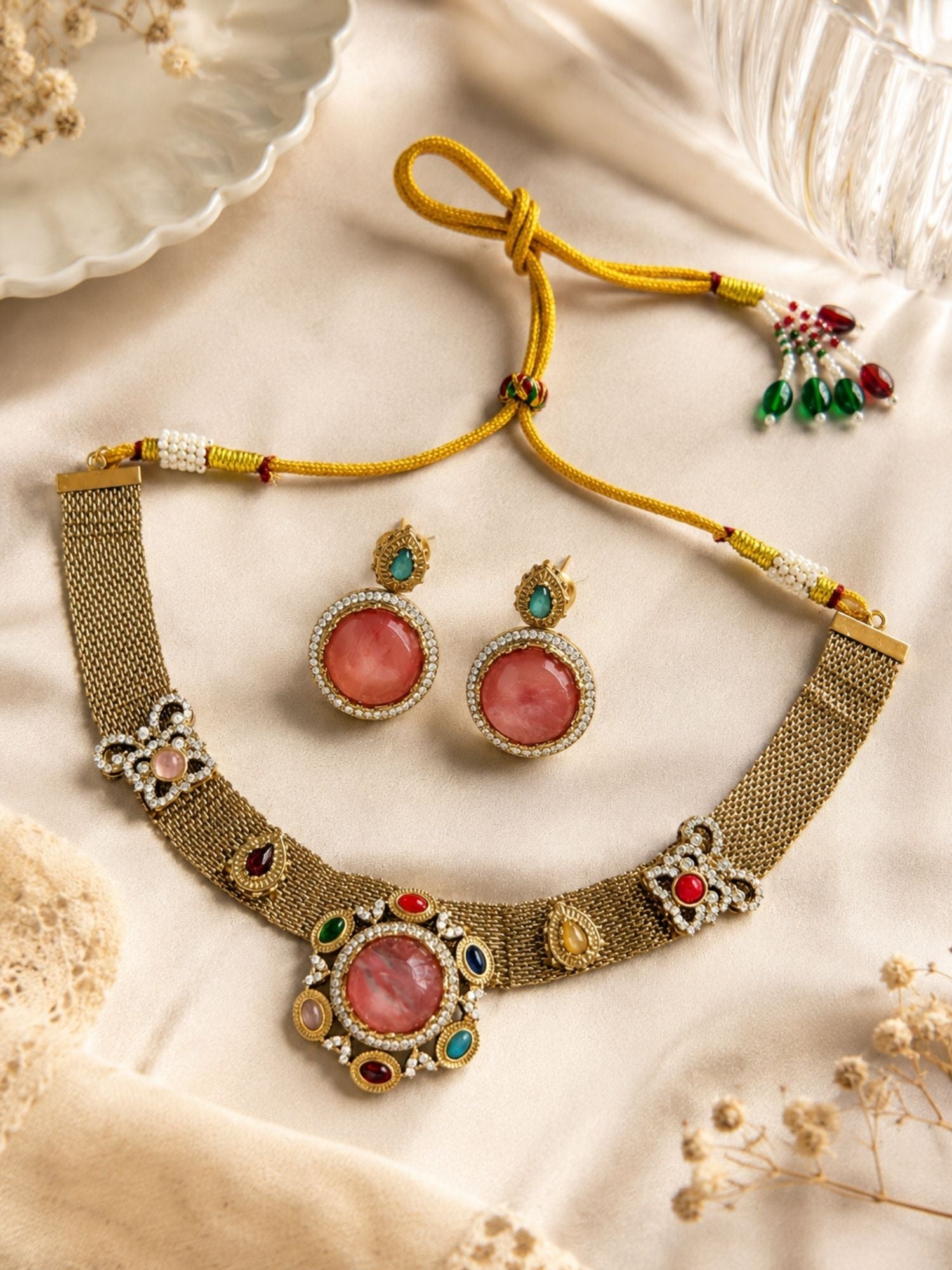 Oxidised Victorian gold plated choker necklace set close-up of multicolour stone work – Abdesigns