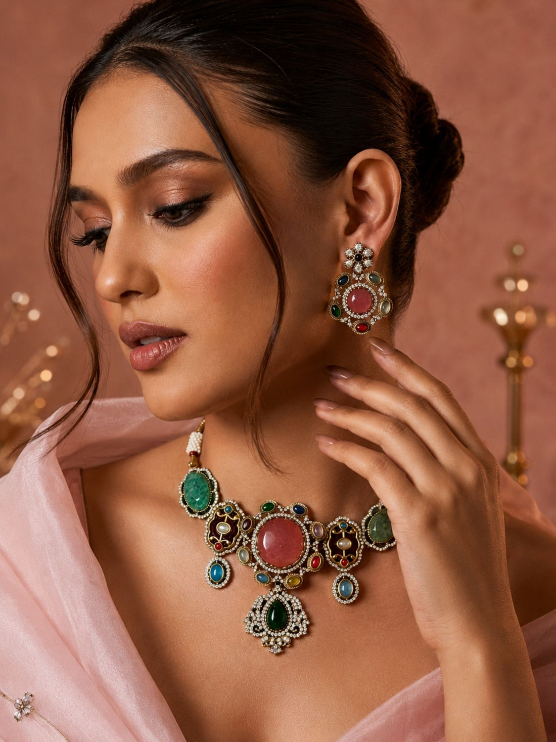 gold sabyasachi multicolor gemstone choker necklace