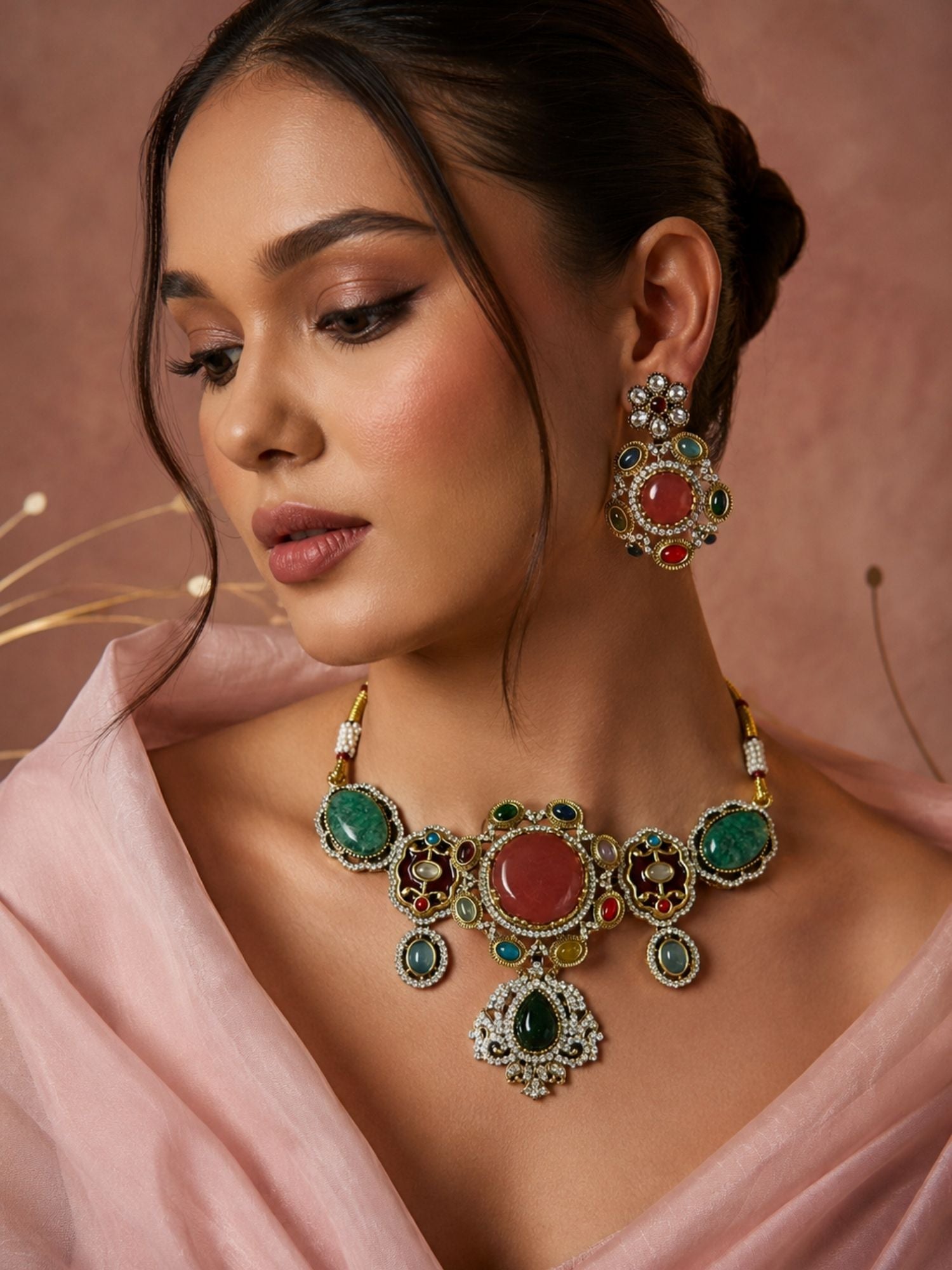 Multicolor gemstone statement choker with matching earrings flat lay