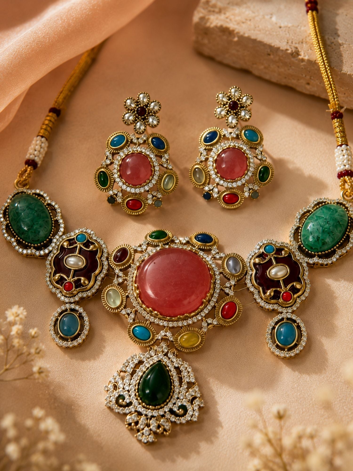 Victorian multicolor gemstone choker necklace with earring pair overhead view