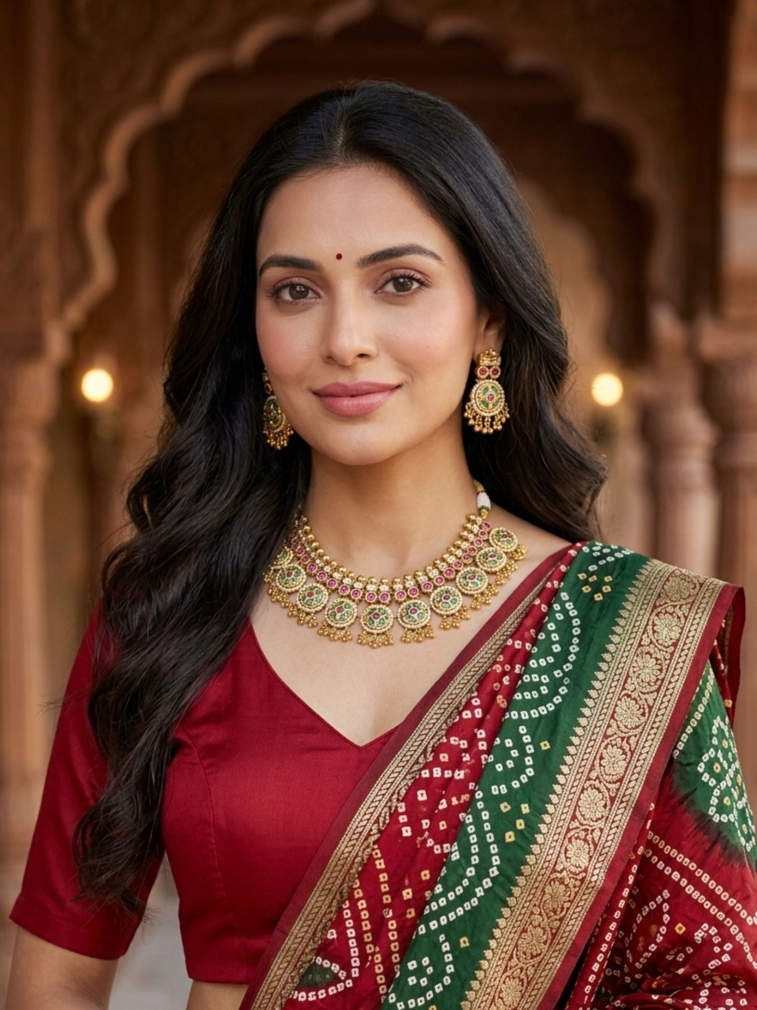 Bride wearing Abdesigns gold bridal wedding necklace set styled for traditional Indian wedding look