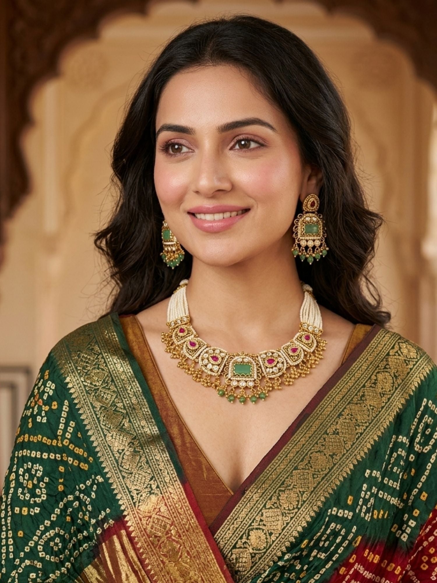 Bride wearing Abdesigns wedding gold chorski necklace set styled with traditional Indian bridal attire