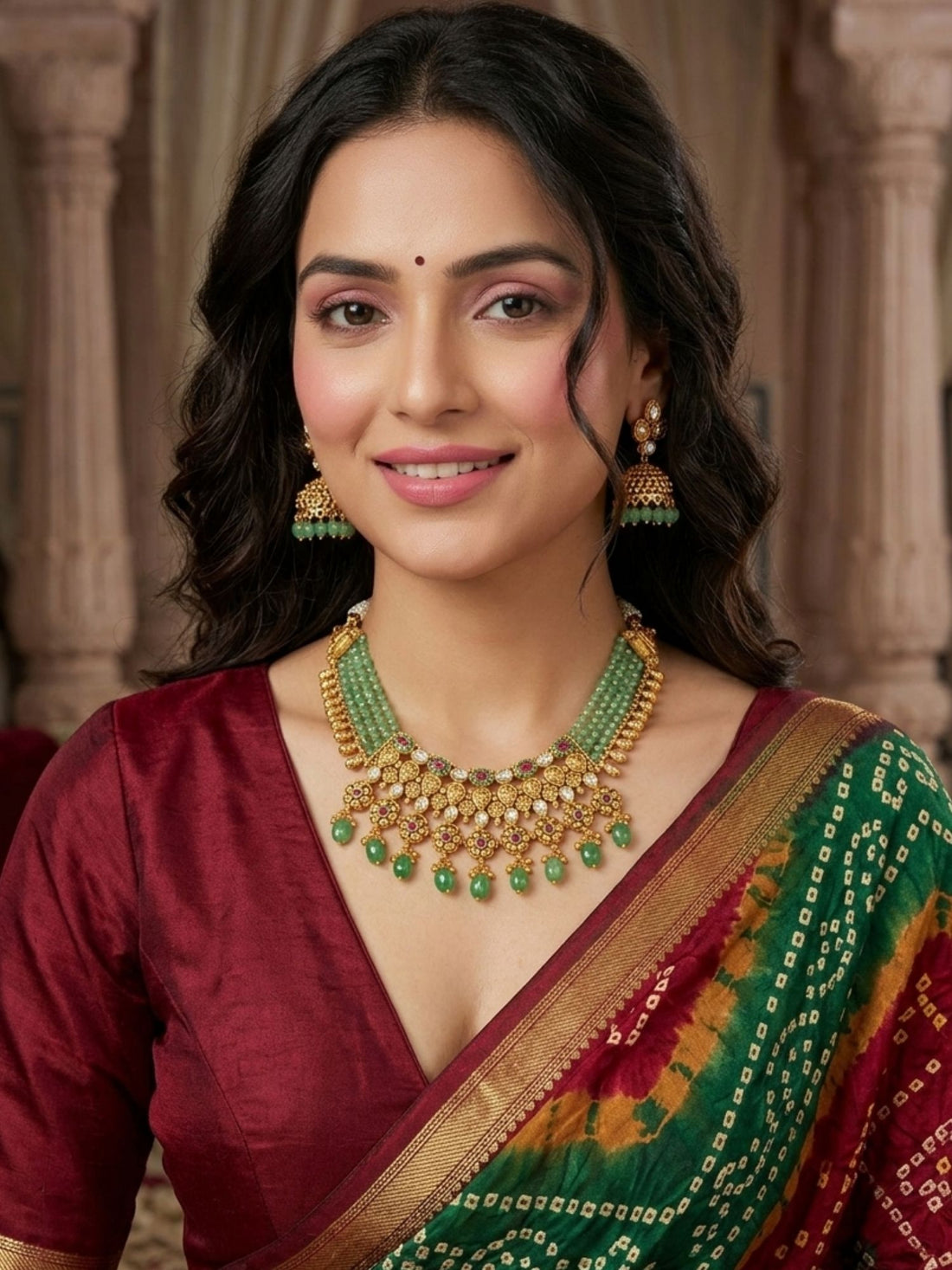 Woman wearing Abdesigns gold chorski necklace set styled with traditional Indian ethnic outfit