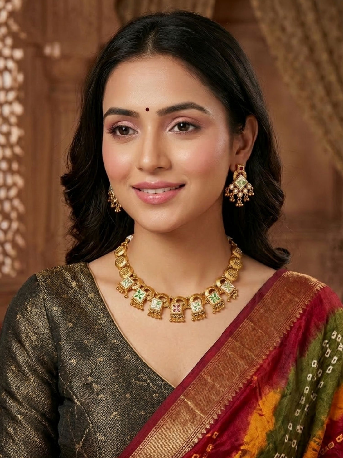 Woman wearing Abdesigns rajwadi heritage gold necklace set styled with traditional royal Indian outfit
