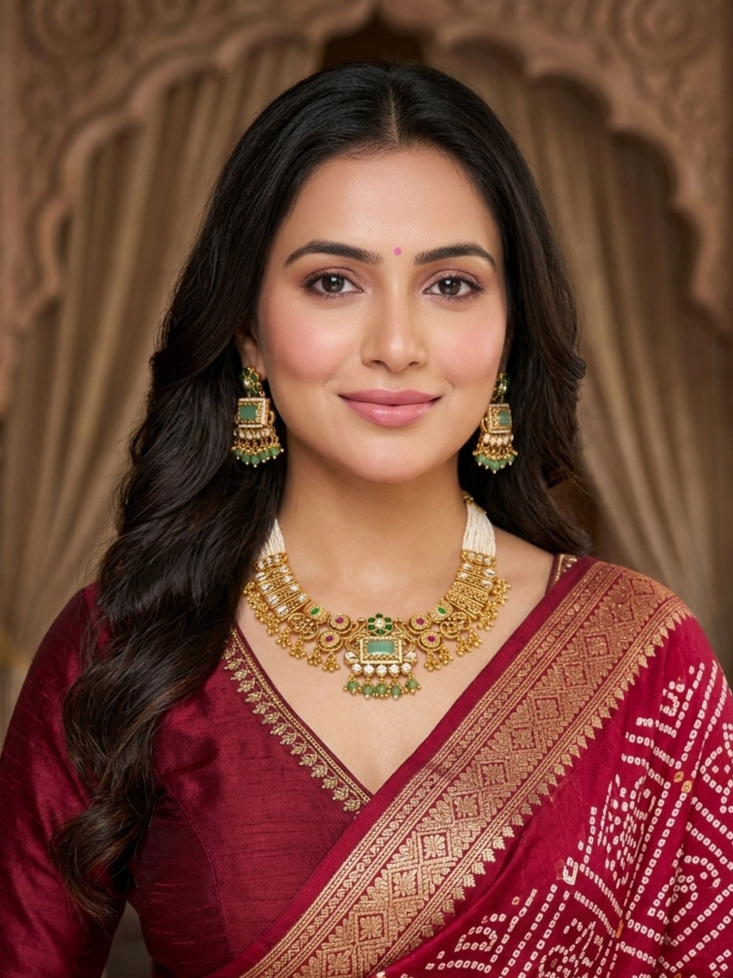 Woman wearing Abdesigns heritage gold chorski necklace set styled with traditional Indian ethnic outfit