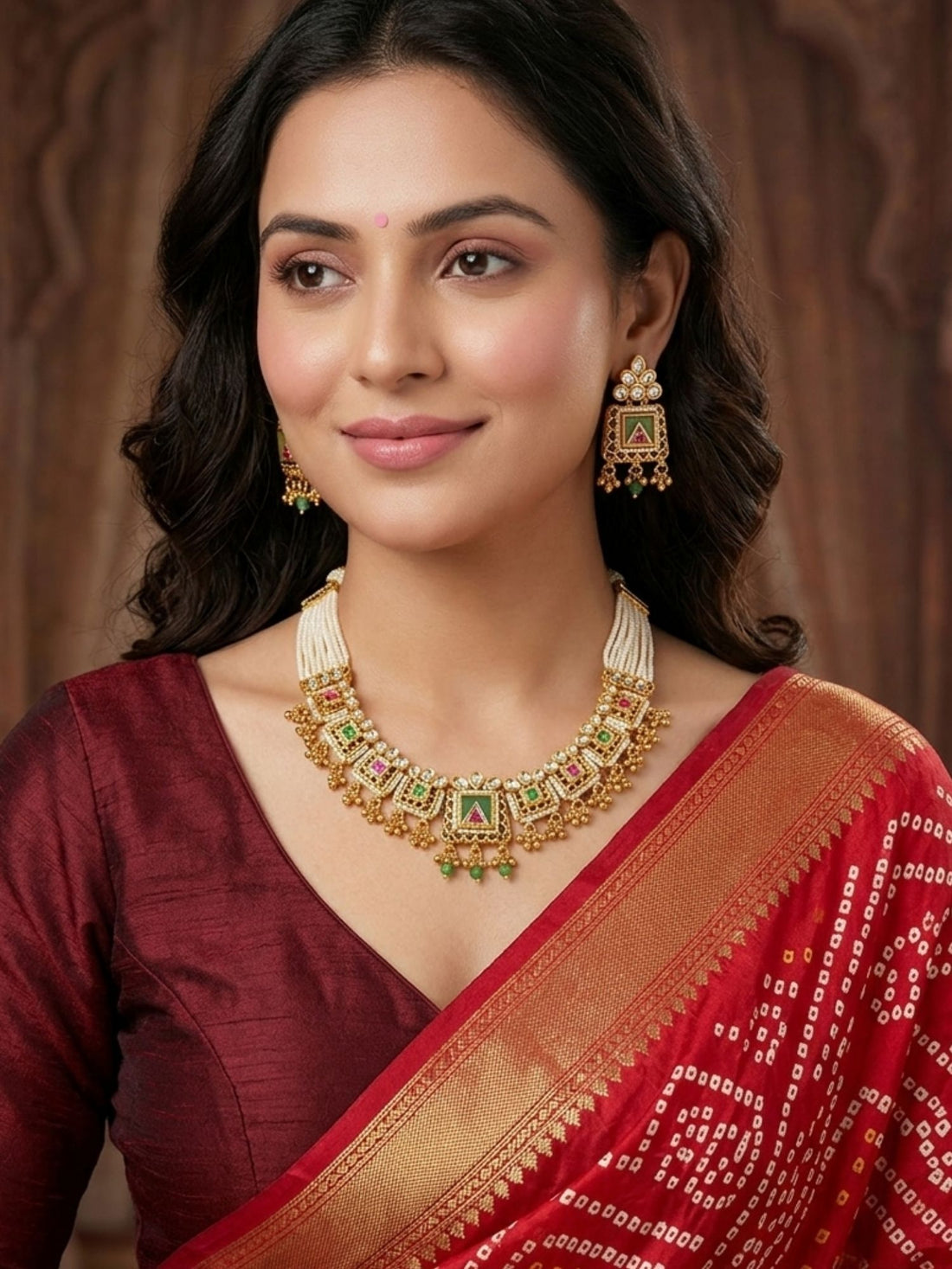Woman wearing Abdesigns antique gold chorski necklace set styled with traditional Indian ethnic outfit