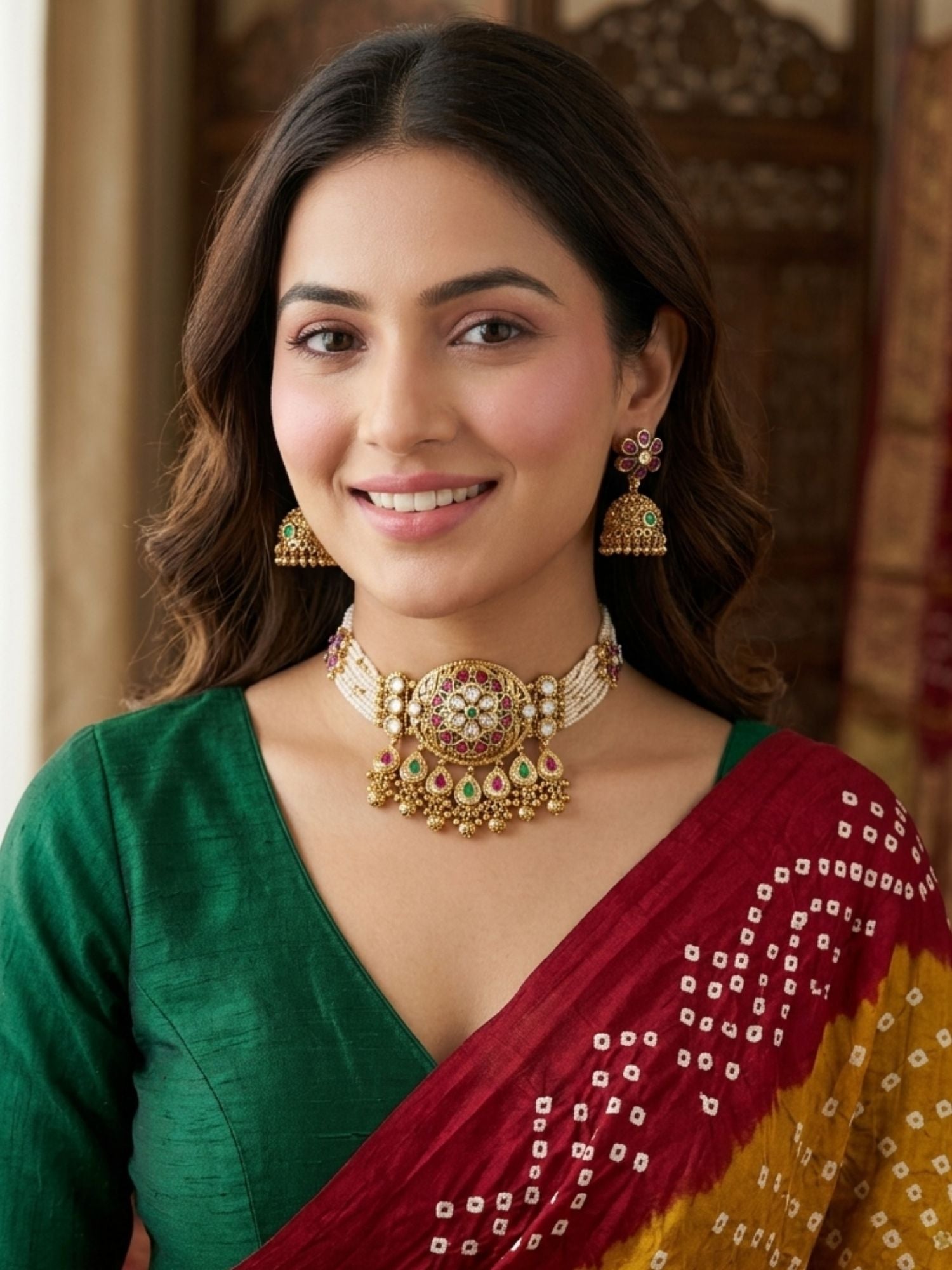Woman wearing Abdesigns floral pattern gold choker necklace set styled with elegant traditional Indian outfit