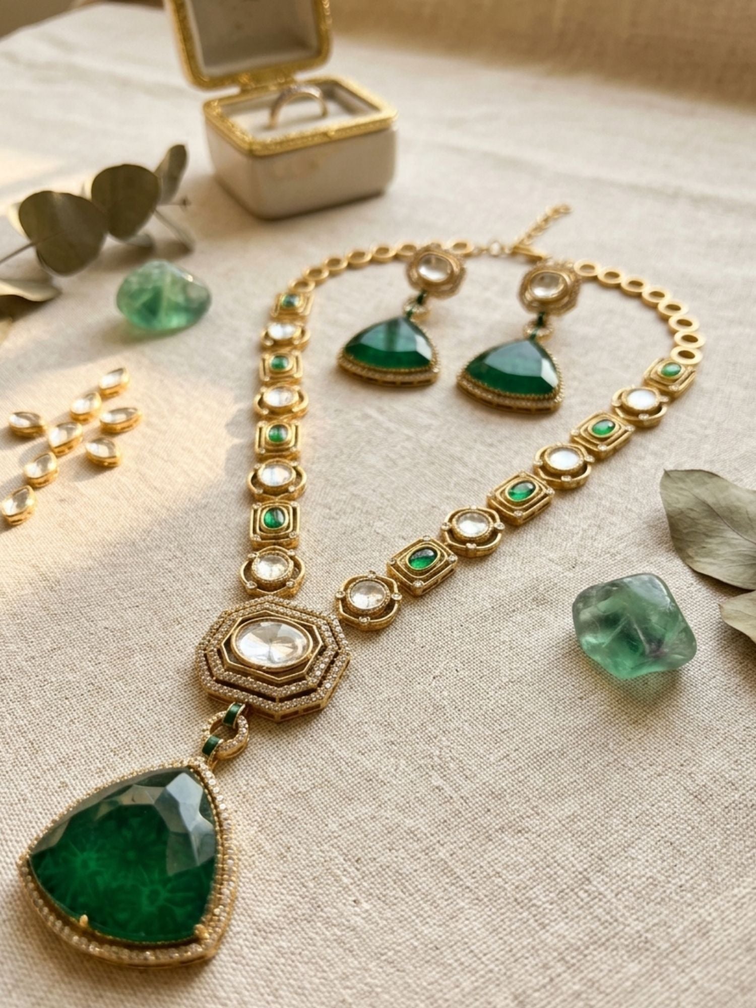 Emerald Green Long Polki Necklace Set - necklace by Abdesigns Jewellery