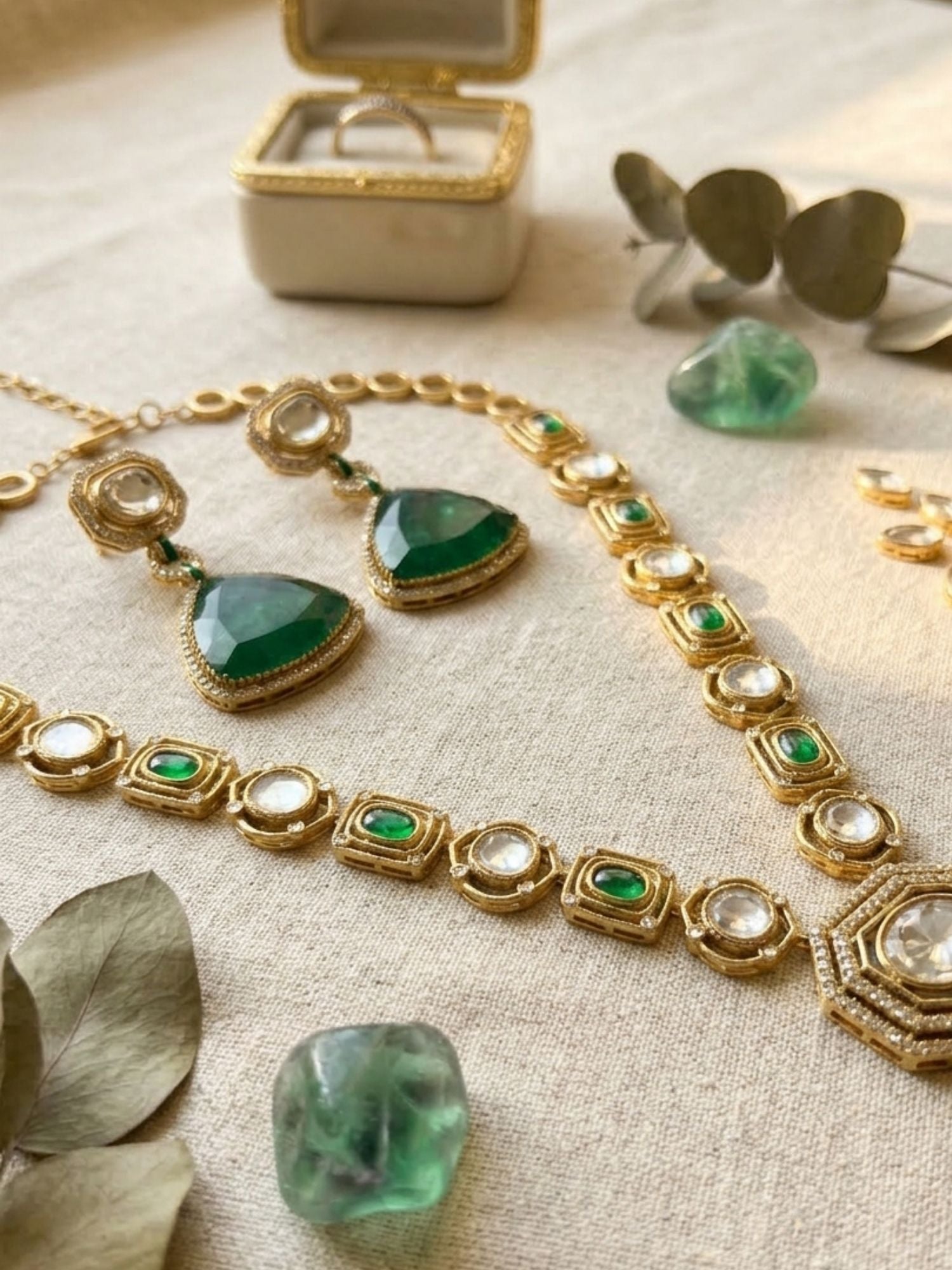 Emerald Green Long Polki Necklace Set - necklace by Abdesigns Jewellery