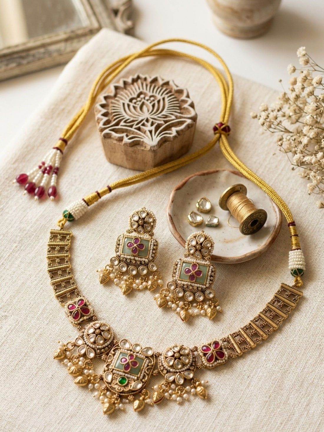 Woman wearing Abdesigns gold floral polki necklace set styled with elegant traditional Indian outfit