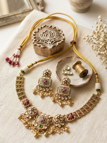 Gold Floral Polki Necklace Set - necklace by Abdesigns Jewellery