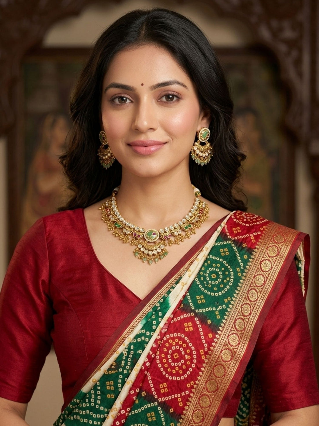 Woman wearing Abdesigns gold antique polki necklace set styled with traditional Indian ethnic outfit