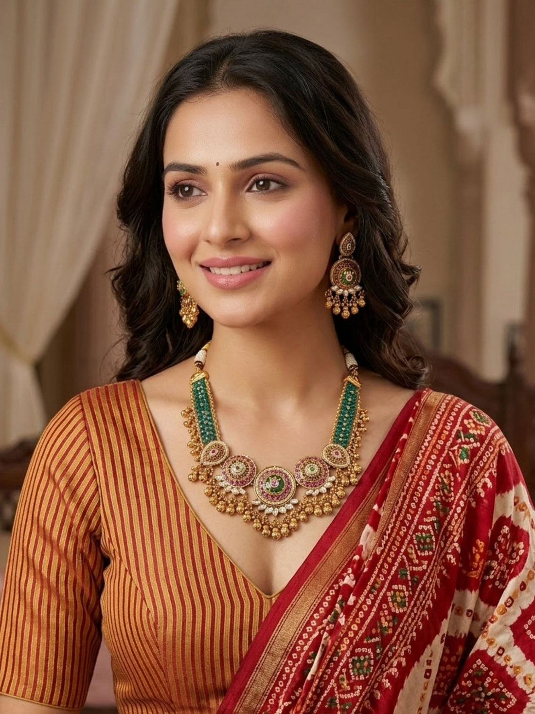 Woman wearing Abdesigns heritage jadau emerald necklace set styled with luxurious traditional Indian outfit
