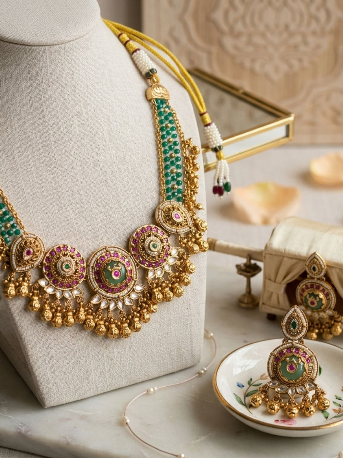 Woman wearing Abdesigns heritage jadau emerald necklace set styled with luxurious traditional Indian outfit