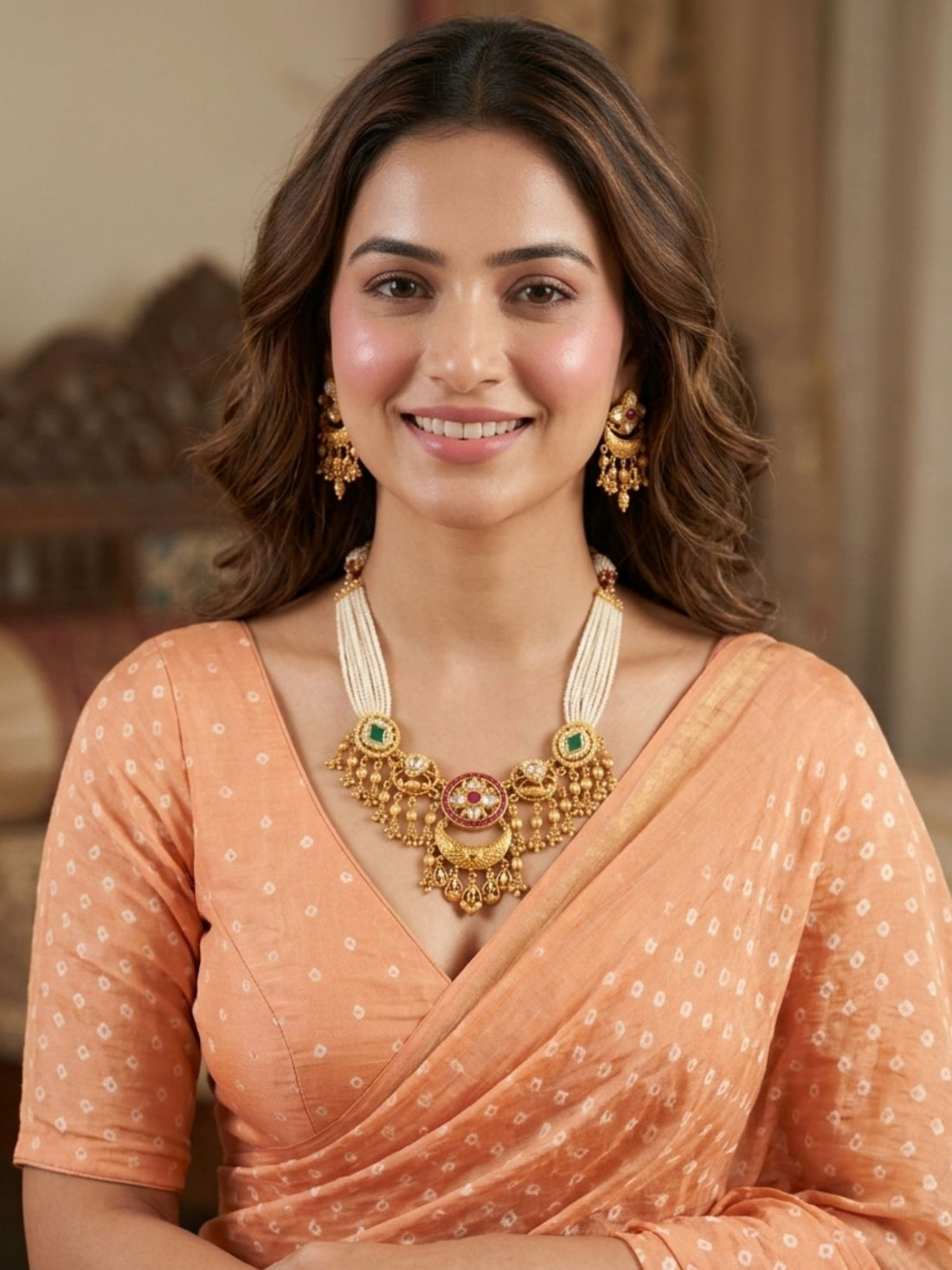 Woman wearing Abdesigns jadau lotus motifs necklace set with bead pearl drops styled with traditional Indian outfit