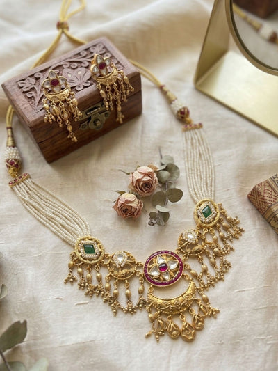 Abdesigns Jadau Lotus Motifs With Bead Pearl Drops Necklace Set