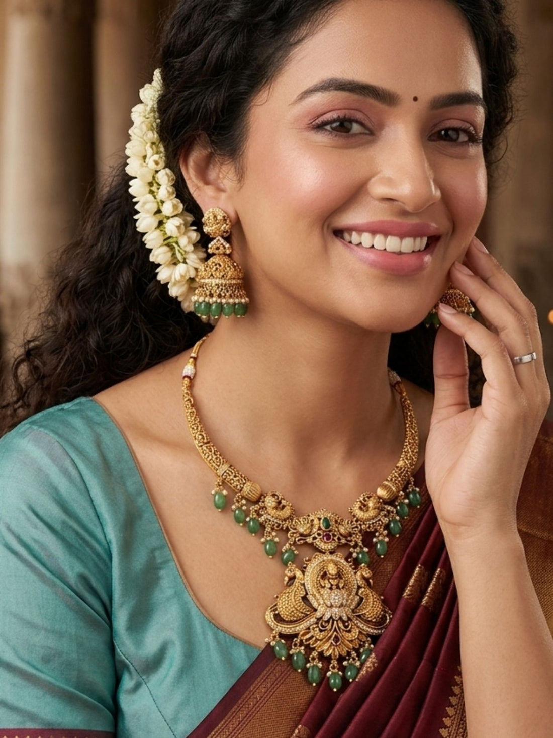 Abdesigns Temple Heritage Gold Necklace Set with Green Bead Drops