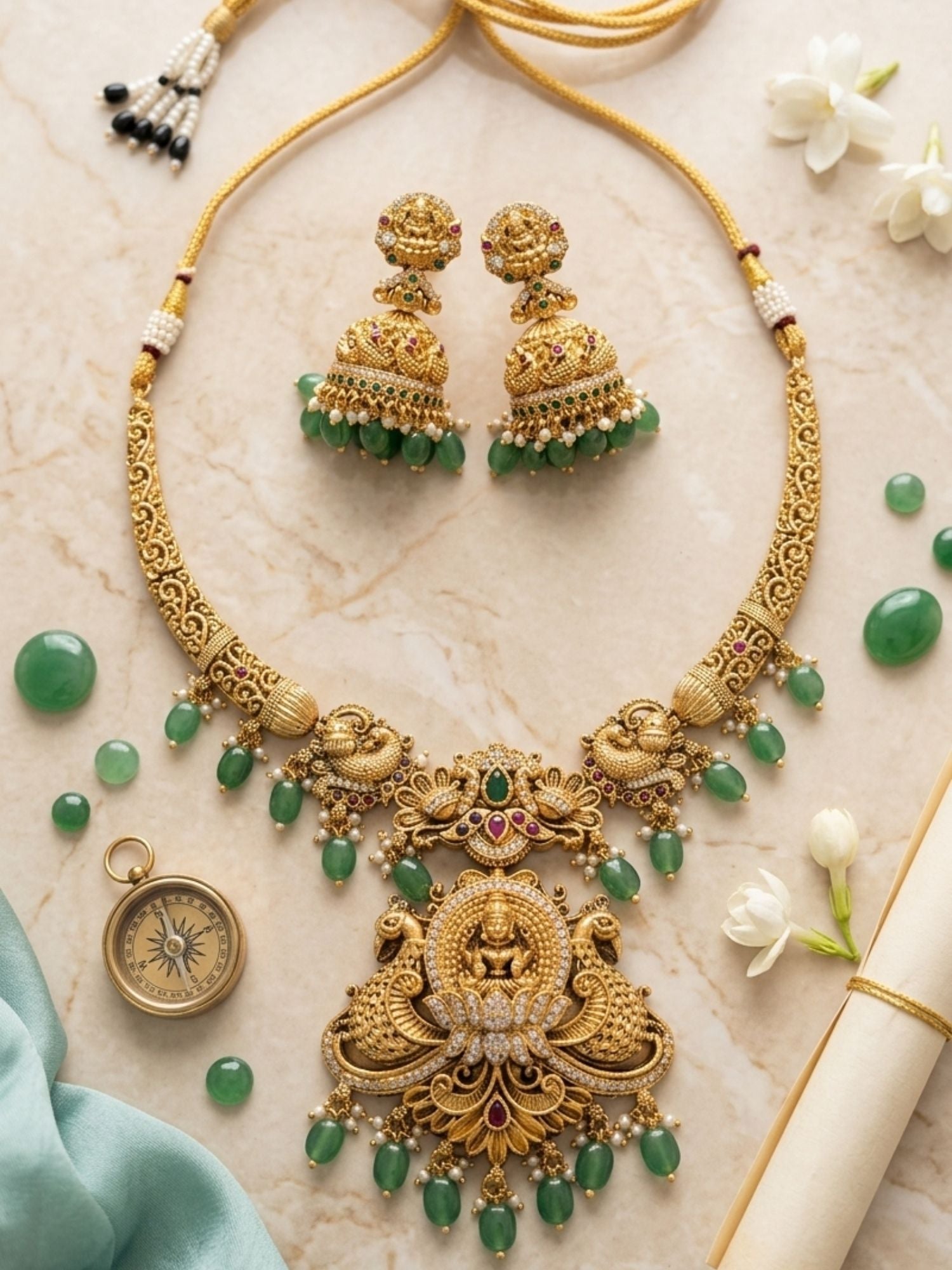 Abdesigns Temple Heritage Gold Necklace Set with Green Bead Drops
