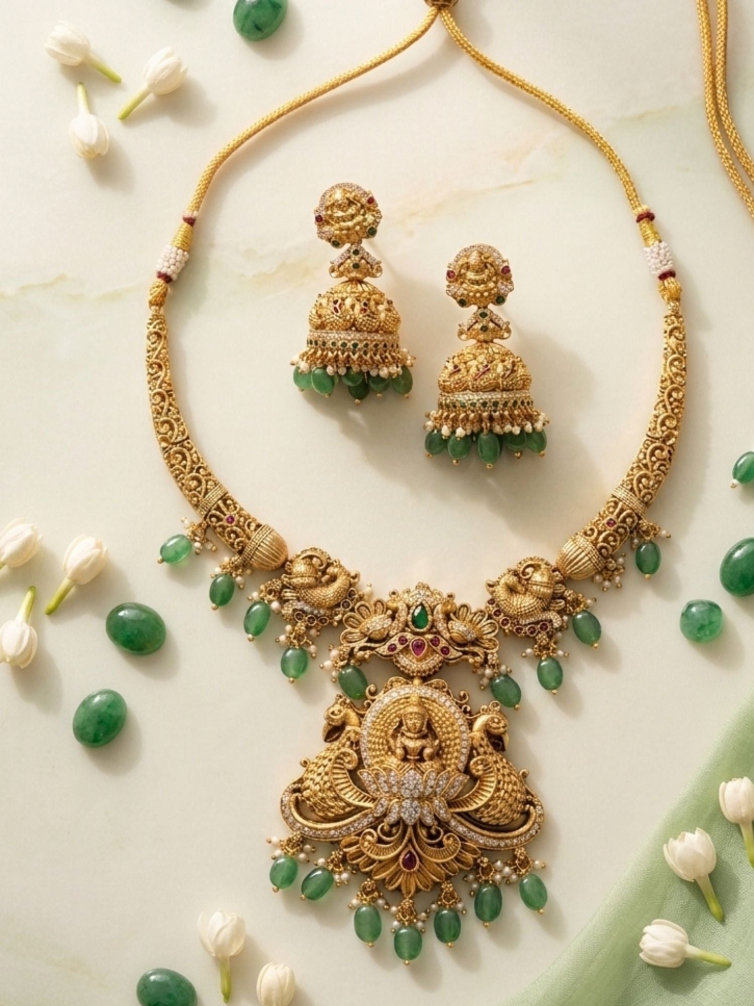 Abdesigns Temple Heritage Gold Necklace Set with Green Bead Drops