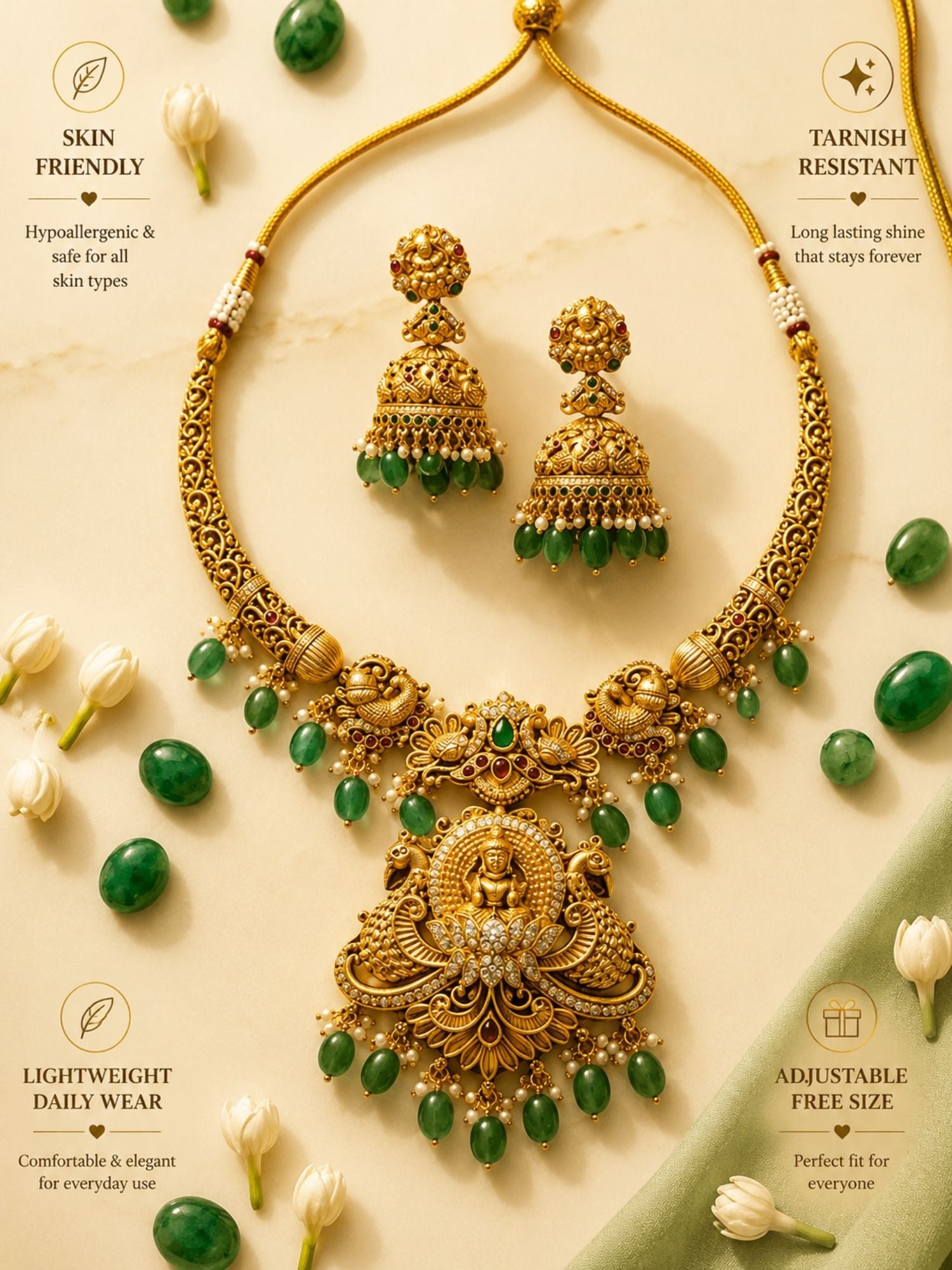 Abdesigns Temple Heritage Gold Necklace Set with Green Bead Drops