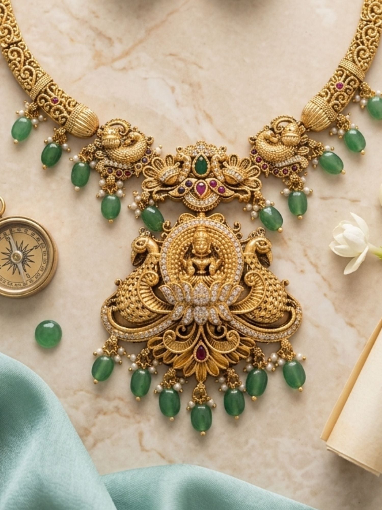 Abdesigns Temple Heritage Gold Necklace Set with Green Bead Drops