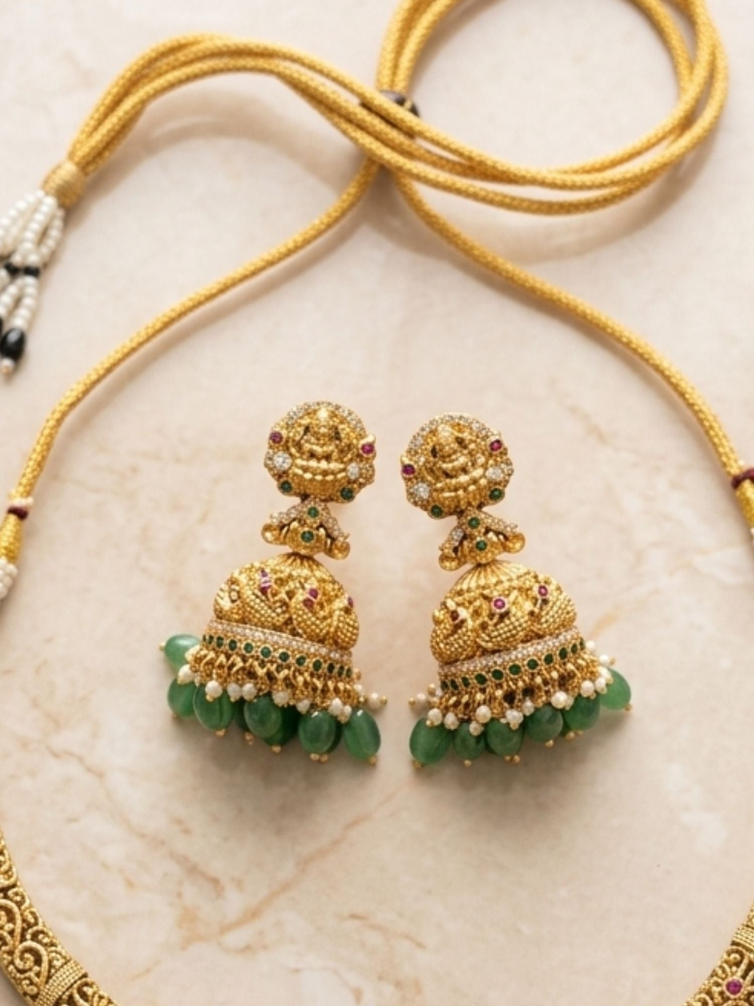 Abdesigns Temple Heritage Gold Necklace Set with Green Bead Drops