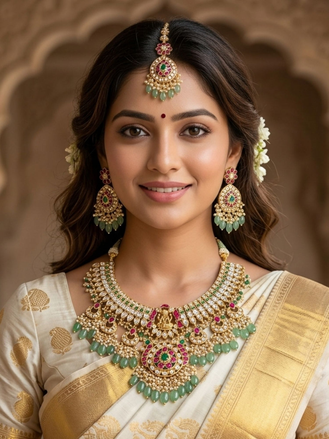 Abdesigns Royal Kundan Bridal Choker Set with Maang Tikka & Green Drops