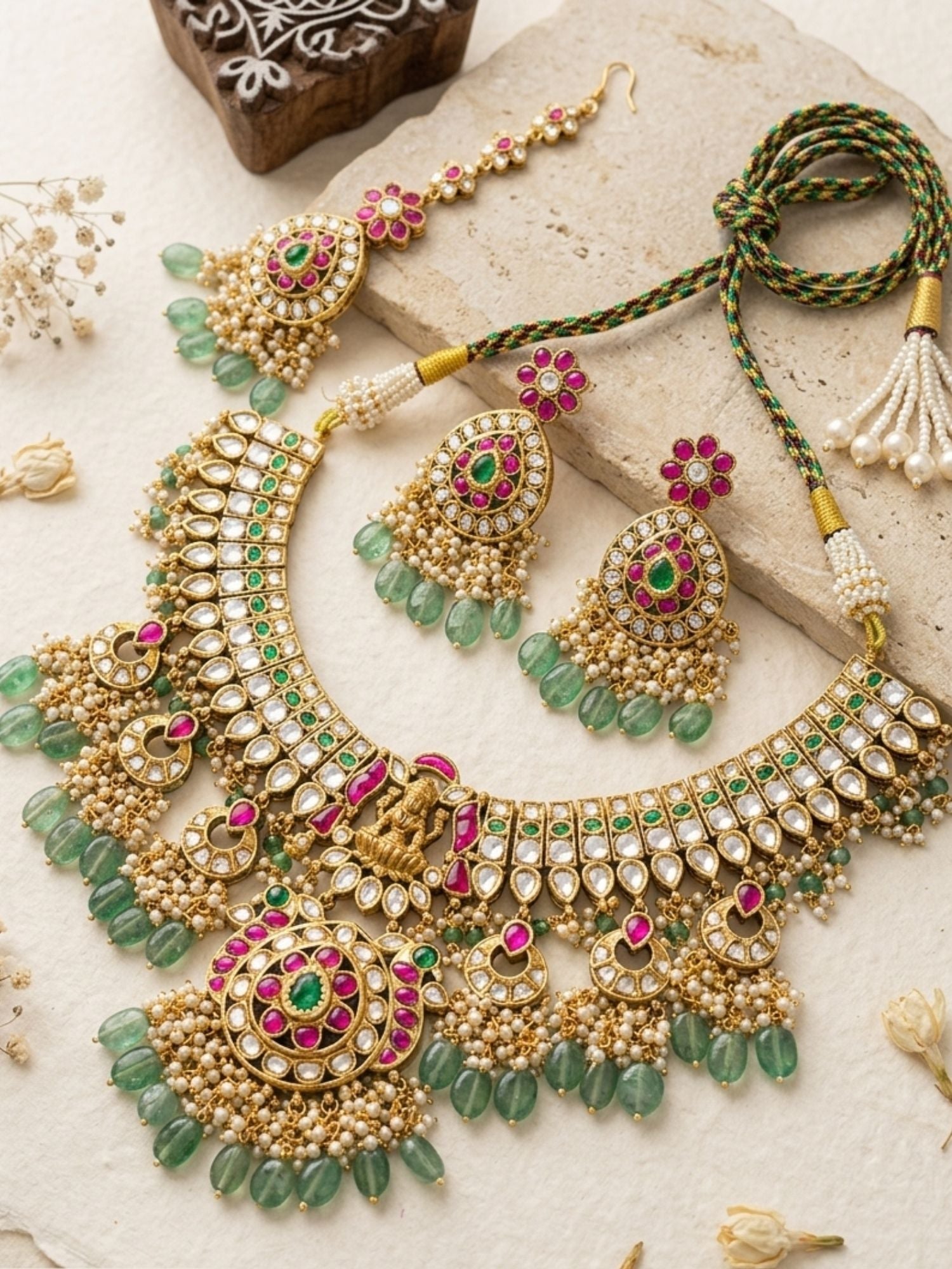 Abdesigns Royal Kundan Bridal Choker Set with Maang Tikka & Green Drops