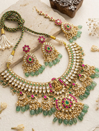 Abdesigns Royal Kundan Bridal Choker Set with Maang Tikka & Green Drops